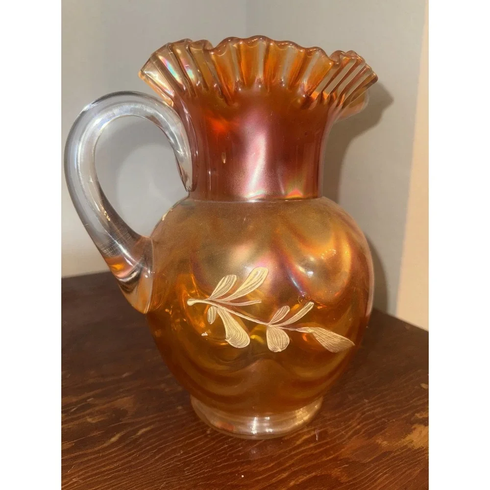 Fenton Marigold Carnival Glass Lotus Water Pitcher and 5 Glasses Set Vintage